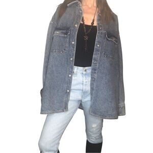 H&M Womens Sz L Denim Jean Shirt Jacket Medium Wash Snap Front Casual Grunge